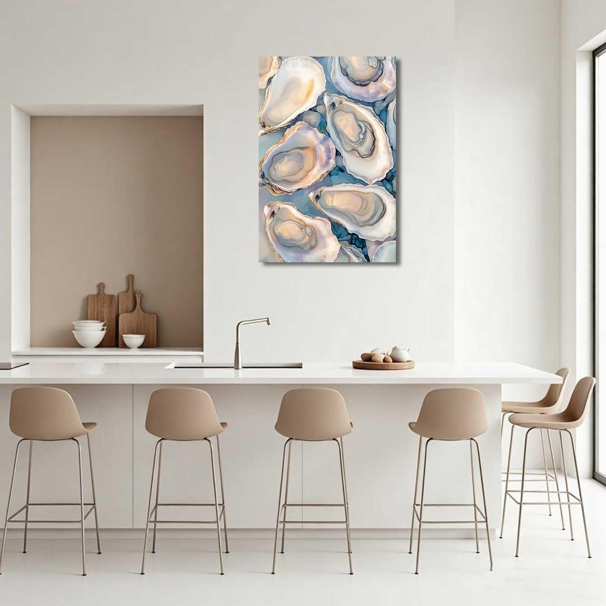 BJYCHG Oyster Wall Art Kitchen Pictures Oyster Shell Watercolor Canvas Prints Coastal Beach Aesthetic Poster Paintings Blue and Grey Bathroom Dining Room Decor Framed (42L x 28W)