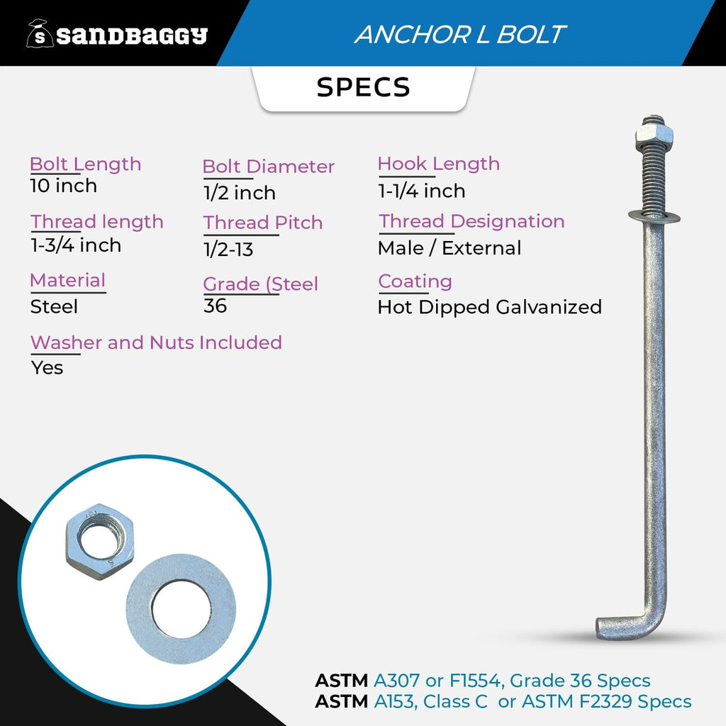 Sandbaggy 1/2' X 10' Threaded Concrete Anchor L-Bolts (Nuts & Washers Included) - Hot Dipped Galvanized - Sill Plate, Base Plate, Masonry, Wood, Cement Anchors, J Bolt (50, 1/2' x 10')