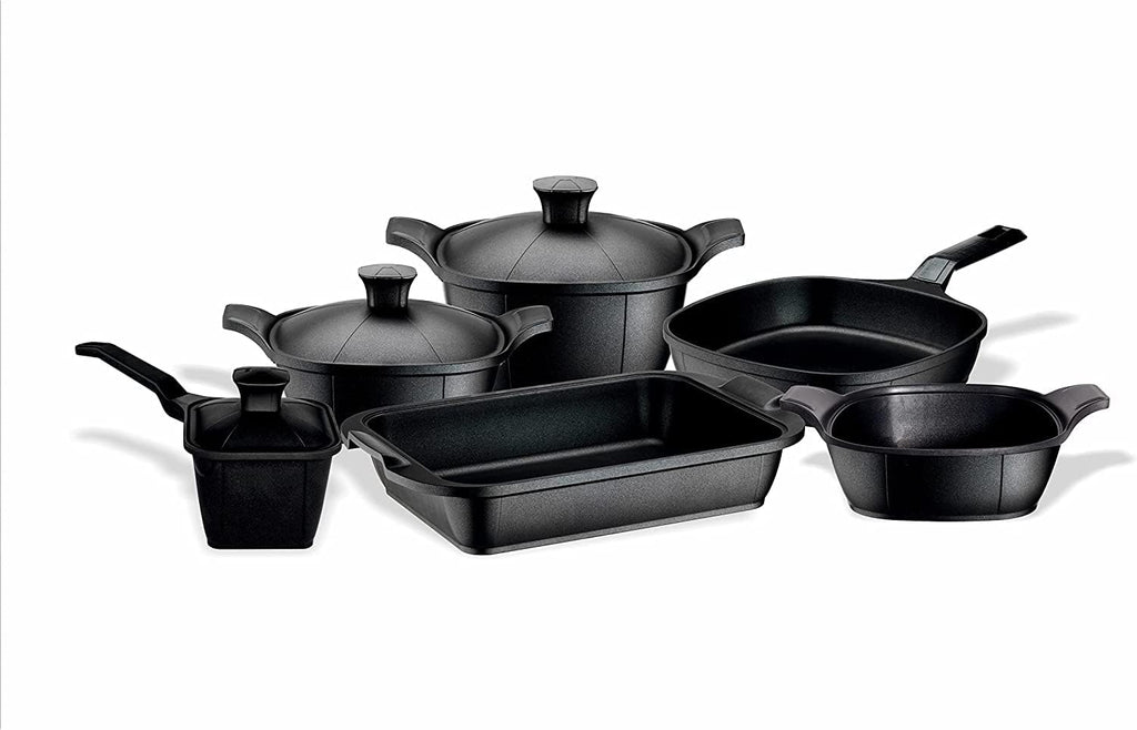 (Matrix) Luxury Cast Aluminum 11-Piece Cookware Set – Pans, Pots, Saucepan, Saucier, Baking Tray & Silicone Handles – Premium Nonstick, All Stovetops Compatible (Induction) Ceramic Black