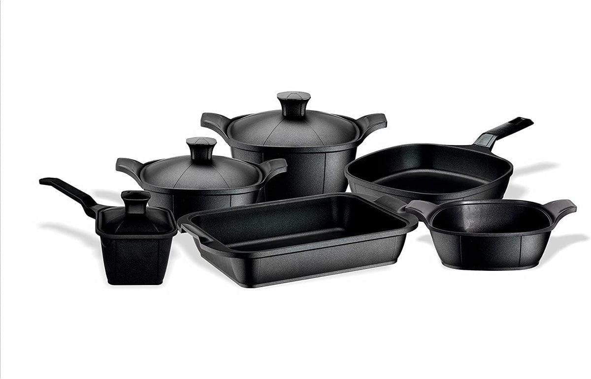 (Matrix) Luxury Cast Aluminum 11-Piece Cookware Set – Pans, Pots, Saucepan, Saucier, Baking Tray & Silicone Handles – Premium Nonstick, All Stovetops Compatible (Induction) Ceramic Black