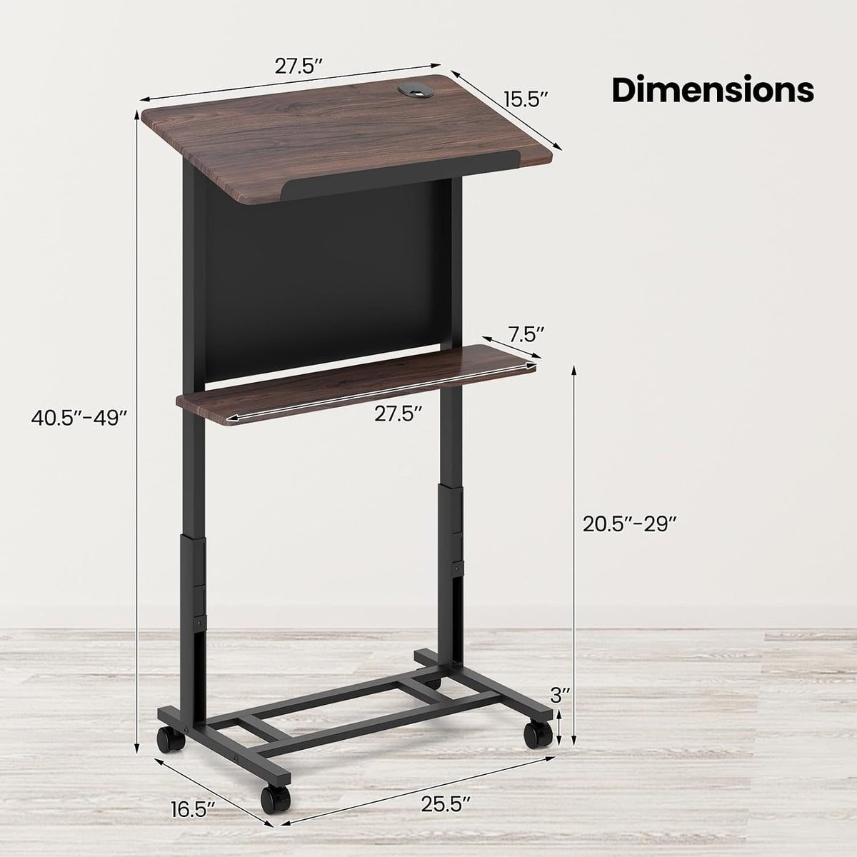 Tangkula Rolling Podium Stand, 3-Position Height Adjustable Lectern Table with Tilted Tabletop, Mobile Laptop Cart with Storage Shelf, Lockable Casters, Ideal for Classroom, Office (2, Walnut)