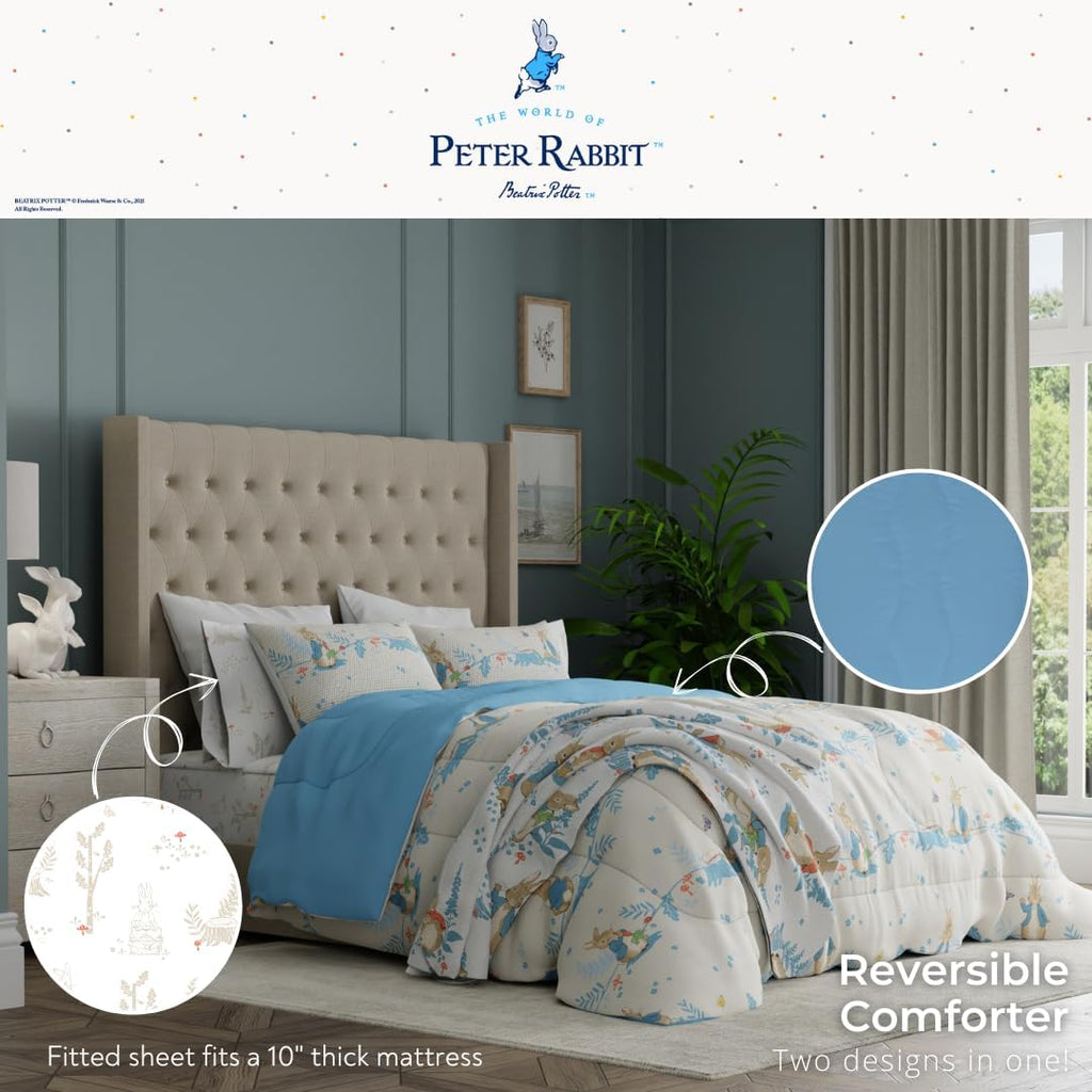 Peter Rabbit Kids Bedding Super Soft & Cozy Reversible Microfiber Comforter and Sheet Set with Sham, 7 Piece Queen Size, (Officially Licensed Product) by Franco