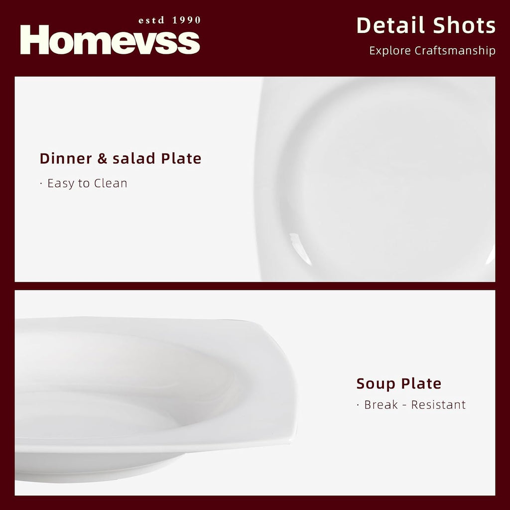 HomeVss, New Bone China Dinnerware SEt, Rim Square Shape, 40pc Set