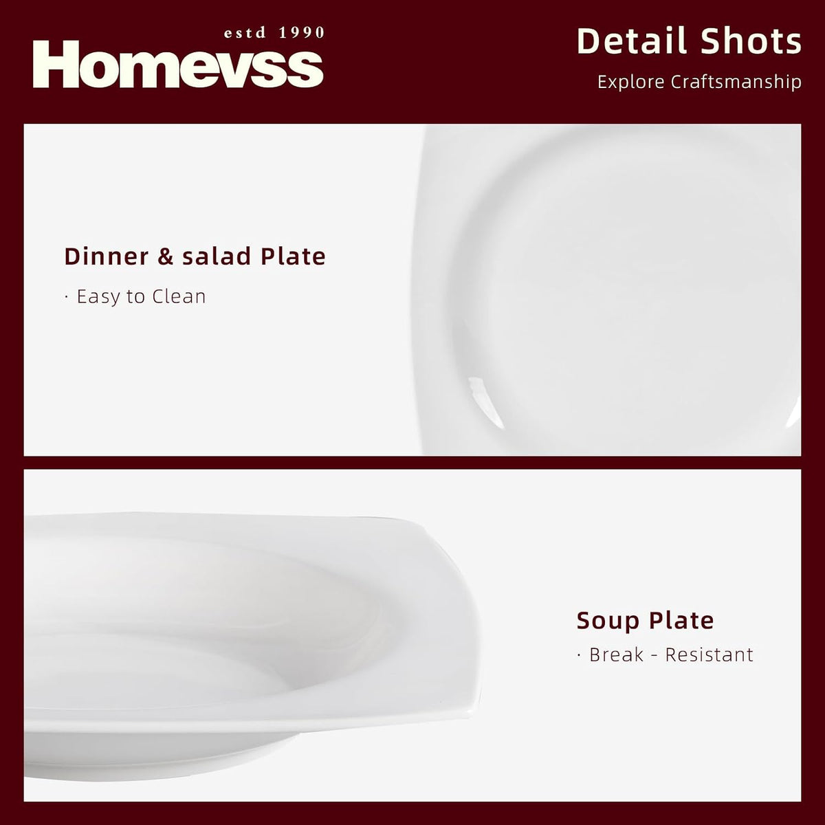 HomeVss, New Bone China Dinnerware SEt, Rim Square Shape, 40pc Set