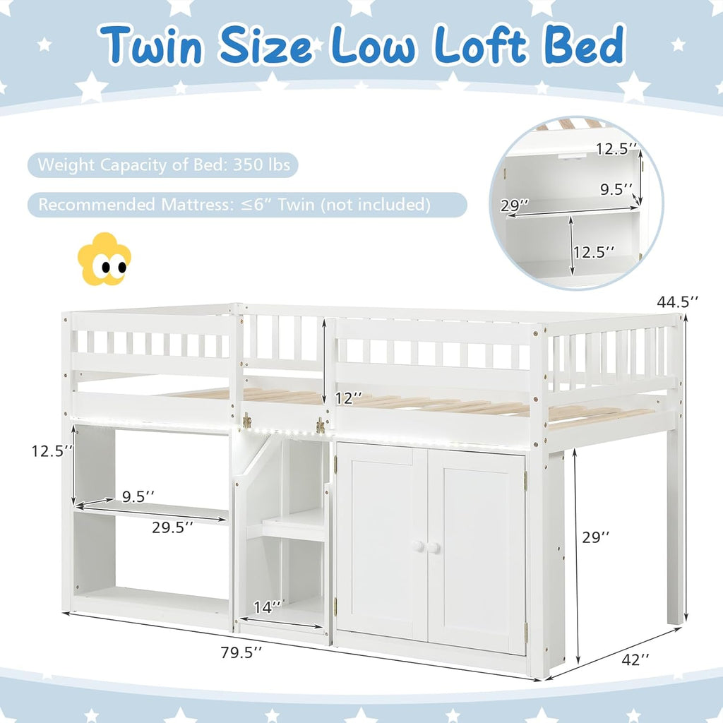 Giantex Low Loft Bed Twin Size with LED Lights, Wooden Bed Frame w/Stairs, Safety Guardrails, Storage Cabinet, Bookshelf & Under-Bed Play Space, Modern Kids Loft Bed for Boys Girls (White)
