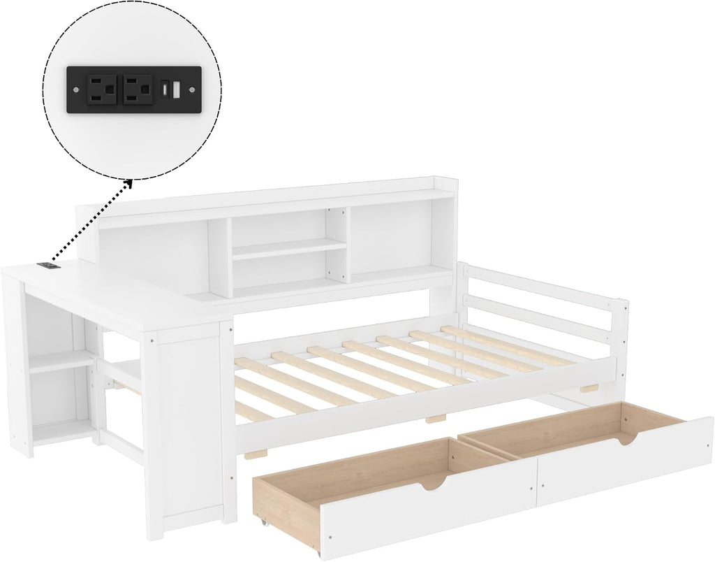 SOFTSEA Twin Size Daybed with Desk & Storage, Wood L-Shaped Corner Bed Frame with Drawers, Shelves and Charging Station or Living Room, Guest Room, White