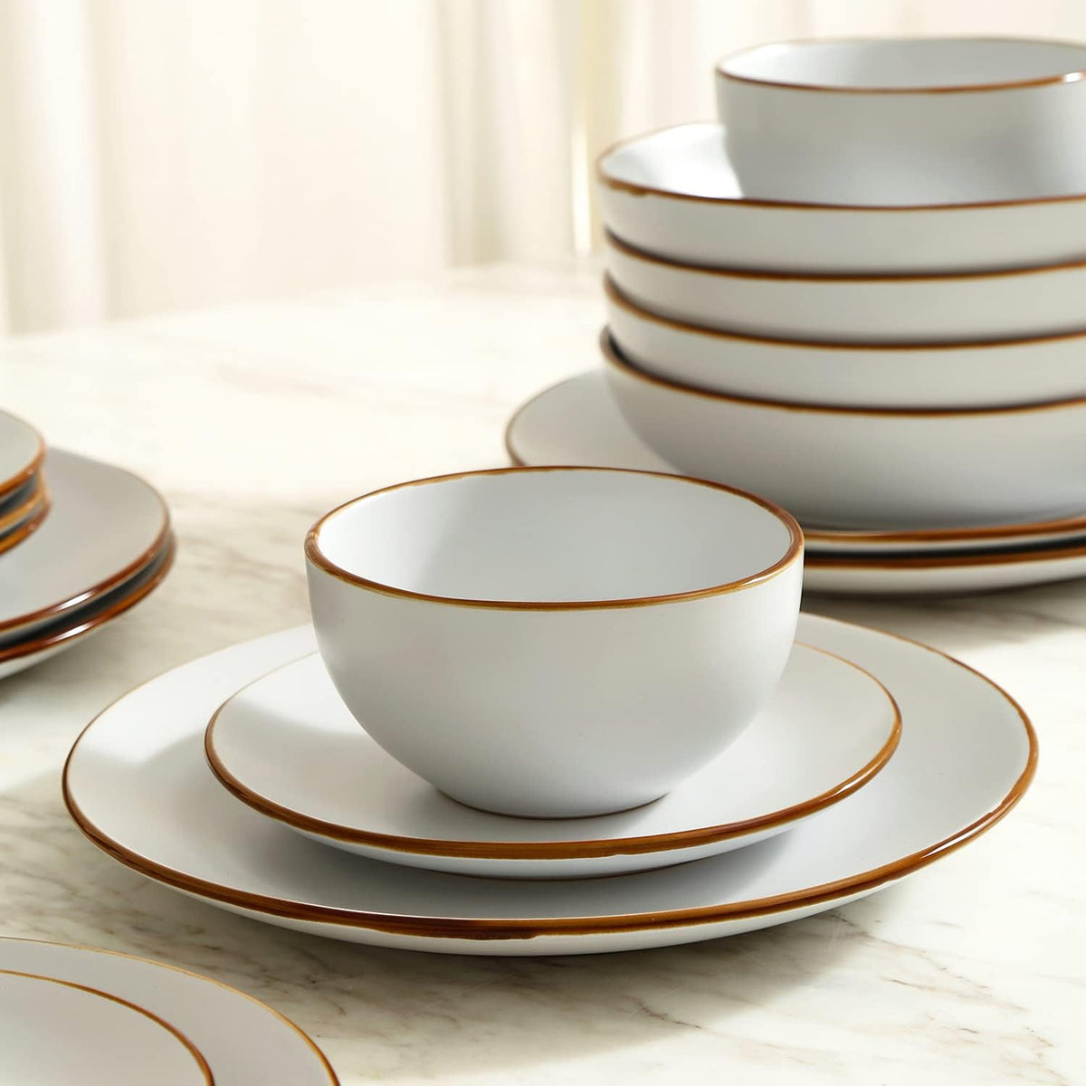 Stone Lain Brasa Stoneware 32 Piece Modern Dinnerware Set, Plates and Bowls, Service for 8, White, Microwave & Dishwasher Safe