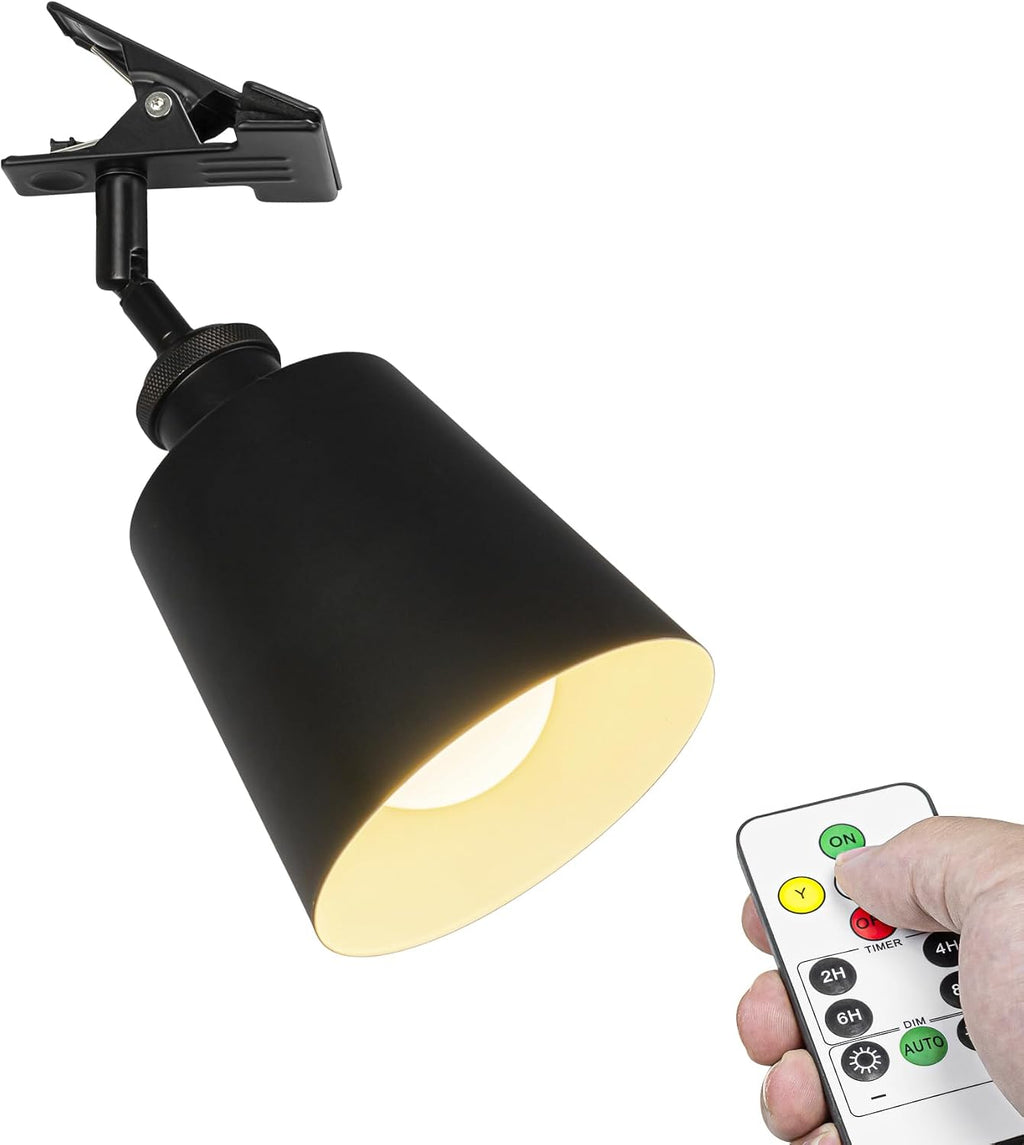 2Pcs Rechargeable Battery Dimmable Clamp Light No Wire Remote Timing LED Clip Lighting Vintage Design for Bedsides Shelf Bookshelf Splint Billboards Black Shade