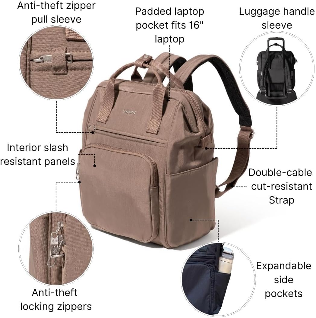 Baggallini Securtex Anti-Theft Windsor Backpack for Travel, Work & College, RFID & Locking Zipper, Up to 16' Laptop