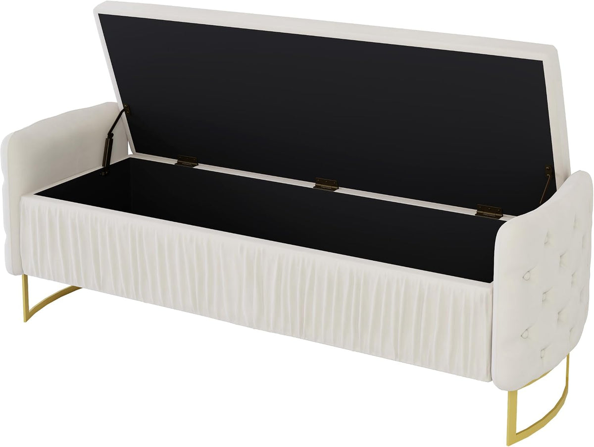 2-Pieces Bedroom Sets, Full Size Tufted Velvet Upholstered Platform Bed with Storage Ottoman Bench for Kids Teens Adult Bedroom, Wood Slat Support, No Box Spring Needed (White-2Z)