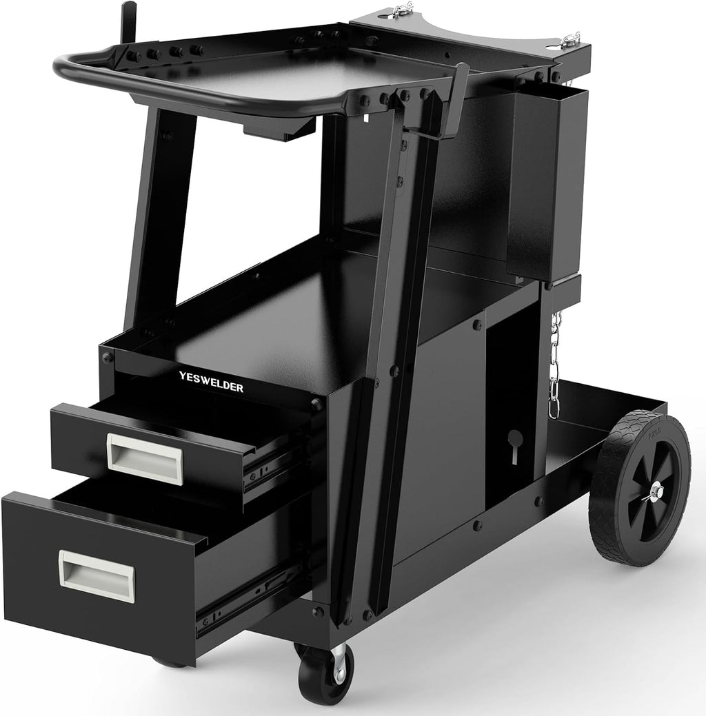 YESWELDER Welding Cart，2-Tier with 2 Drawers for MIG Welder TIG Welder and Plasma Cutter, Tank Storage Safety Chains, Heavy Duty Large Storage 360° Swivel Wheels Welding Trolley