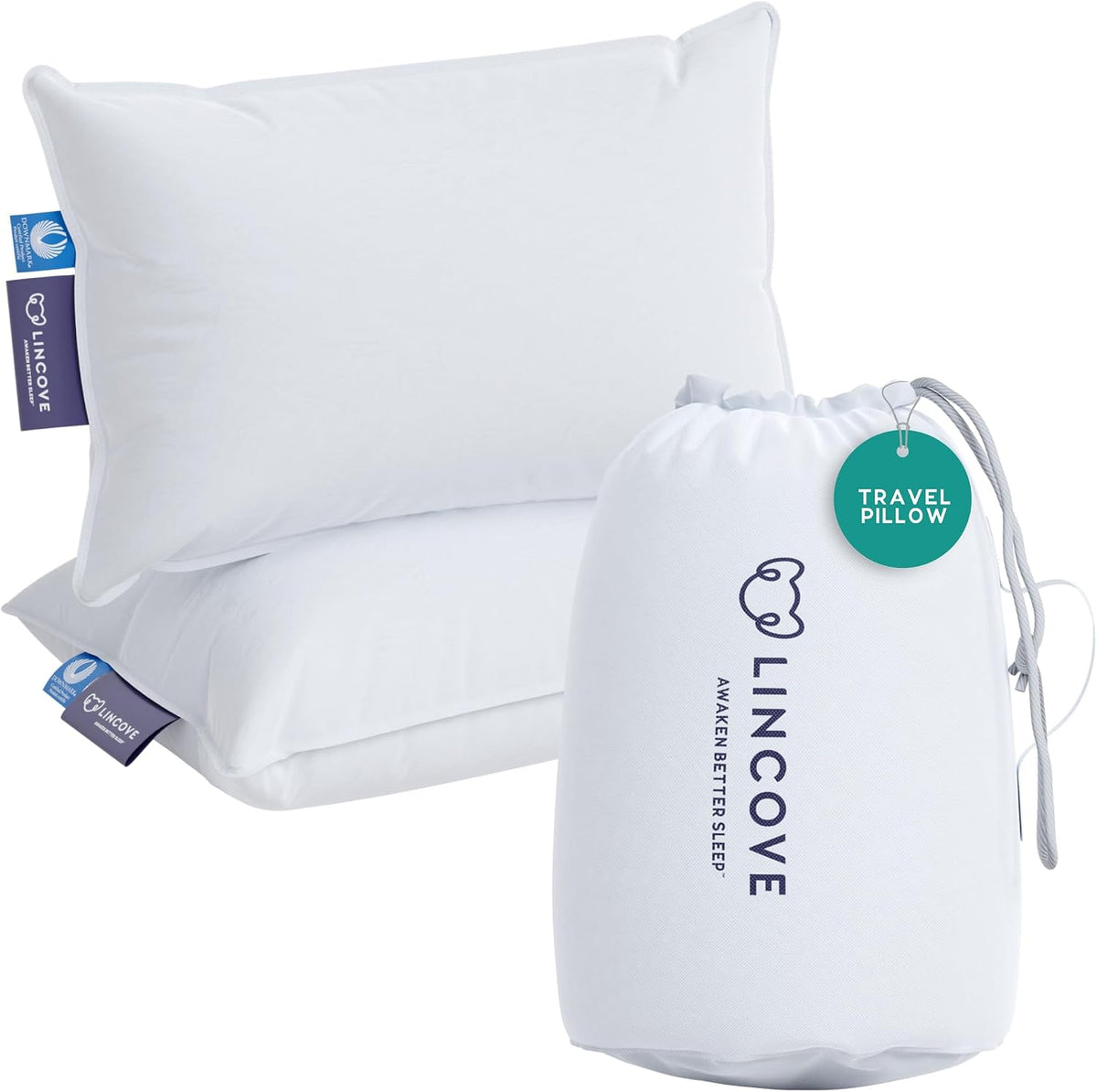Lincove Canadian Down Feather Travel Pillow Pack of 2 - Luxury Pillows to Support Head, Neck, While Sleeping on Airplanes, Cars, Hotels & Home - Comfortable Vacation Sleeping Essential, 13'x18'