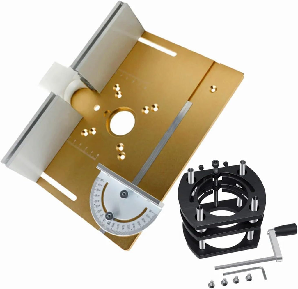 Router Lift and Aluminum Router Plate W/Sliding Fence and Miter Gauge for Wood Router Trimming Machine Working Benches DIY Tool(Silvery Plate Set)