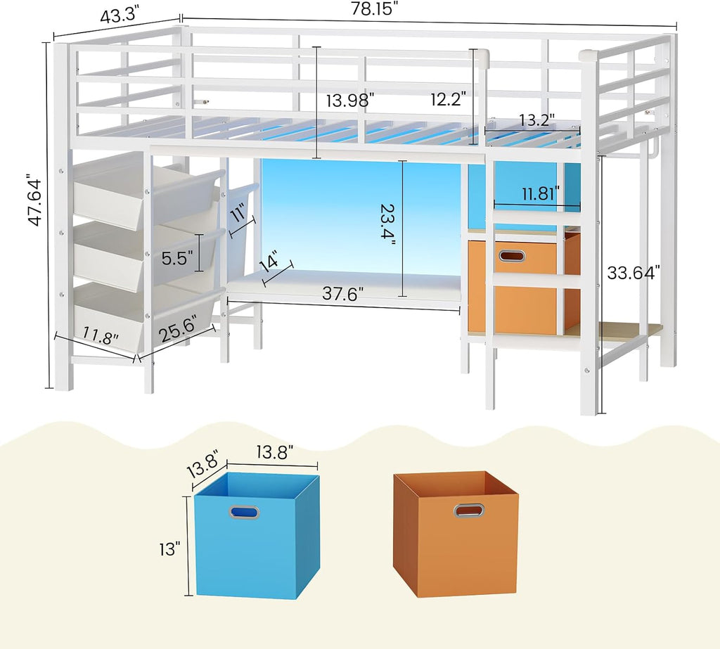 DICTAC Low Loft Bed Twin Size with Reading Corner Metal Twin Loft Bed with LED Lights,Sling Drawers and Bookshelf,loft Bed with Storage Basket and Bins,13.98' H Safety Guardrail and Stairs,White