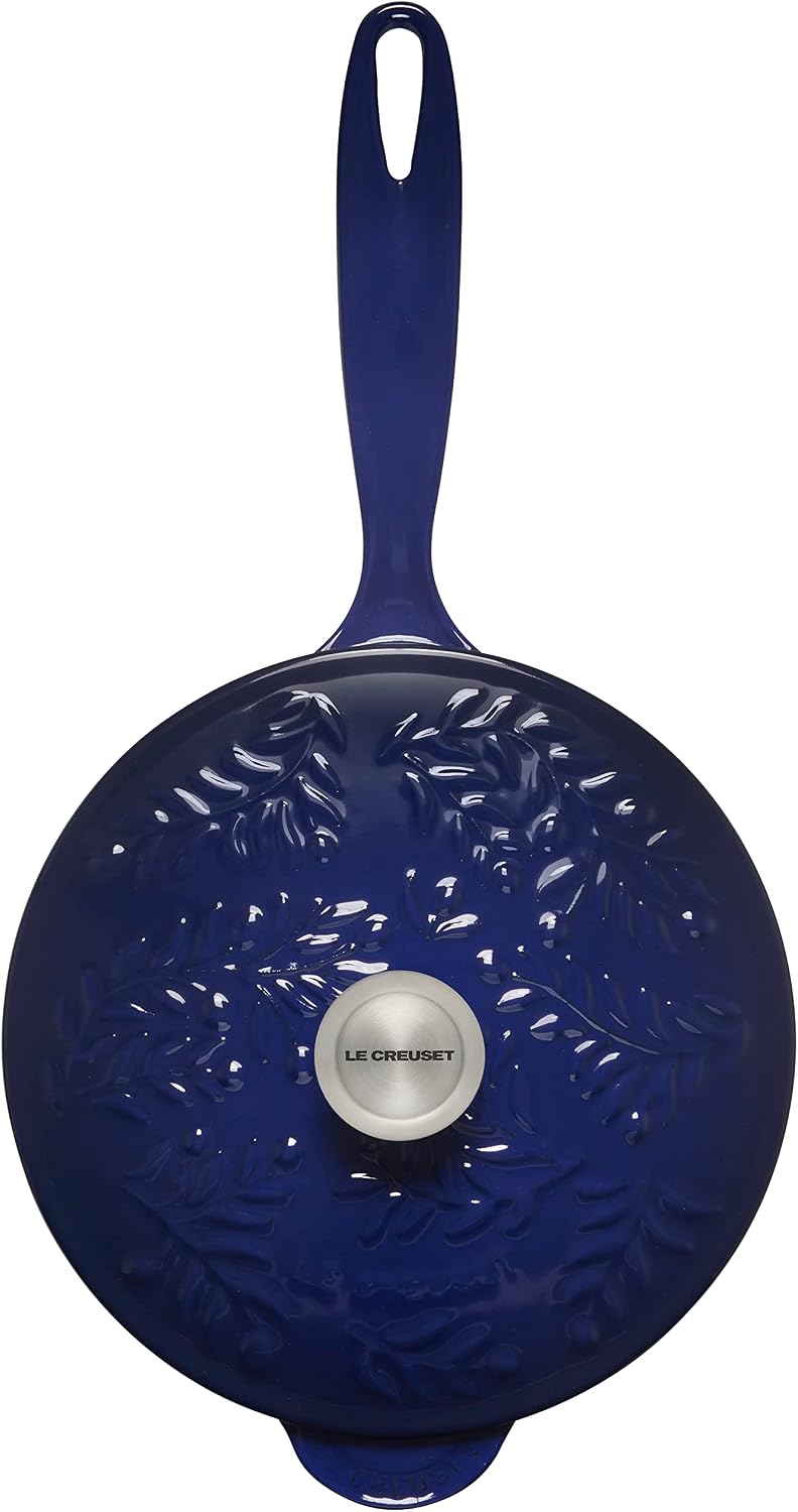 Le Creuset Olive Branch Collection Enameled Cast Iron Saucier, 2.25 qt., Indigo with Embossed Lid