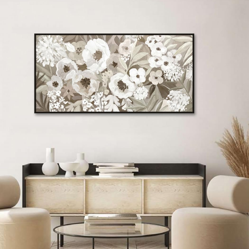 Framed Floral Canvas Wall Art, Gray and White Poppy Flowers Artwork for Boho Living Room Bedroom Office Decor, 24 x 48 Inch