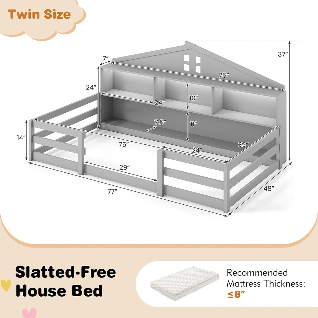 KOMFOTT Twin Floor Bed with Bookcase & LED Light, Wood Bed Frame with Bedside Bookshelves & Guardrails, Versatile 2-in-1 Montessori Floor Bed for Kids (Grey)
