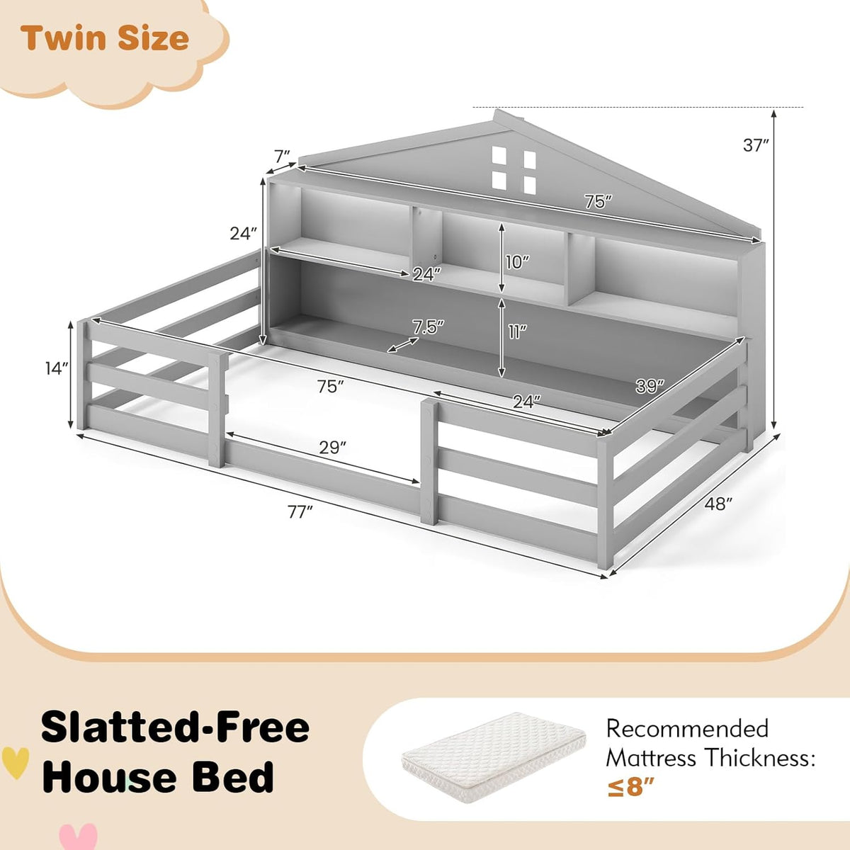 KOMFOTT Twin Floor Bed with Bookcase & LED Light, Wood Bed Frame with Bedside Bookshelves & Guardrails, Versatile 2-in-1 Montessori Floor Bed for Kids (Grey)