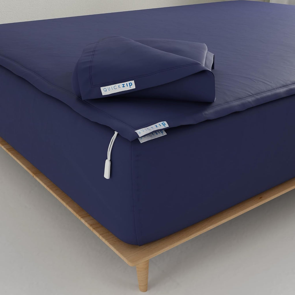 QuickZip Fitted Plus Spare Bundle: 1 Fitted Sheet (Base + Zip Sheet) & 1 Zip Sheet - Easy to Change, Won't Pop Off - Soft Percale 400 TC 100% Cotton - 13.5' Deep Pockets RV Queen Size – Deep Navy