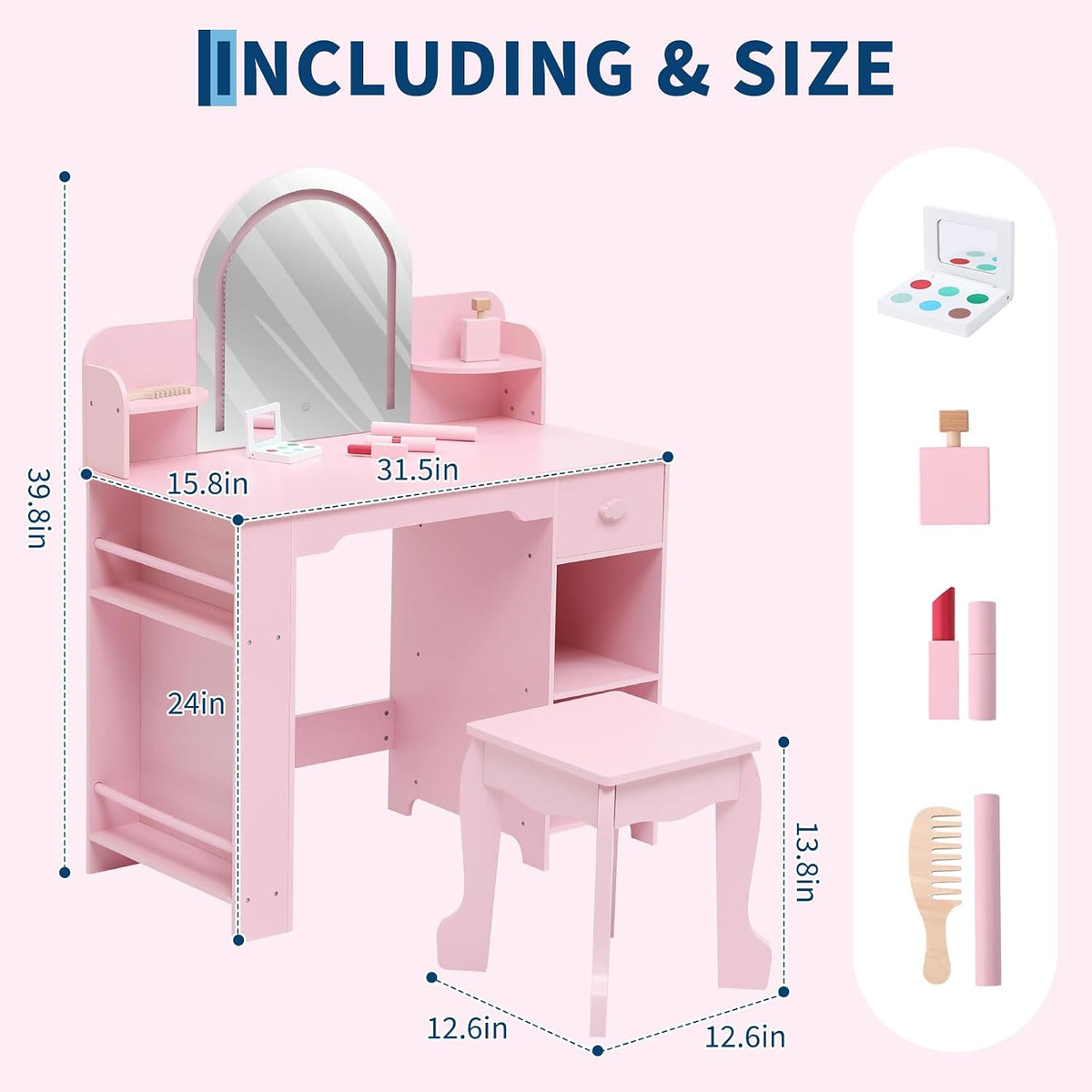 Garvee Kids Vanity with Lighted Mirror & Stool, Little Girls Vanity and Wooden Makeup Playset with Adjustable LED Light, Bookshelf, Storage Drawer & Shelves for Girls 3-9, Pink
