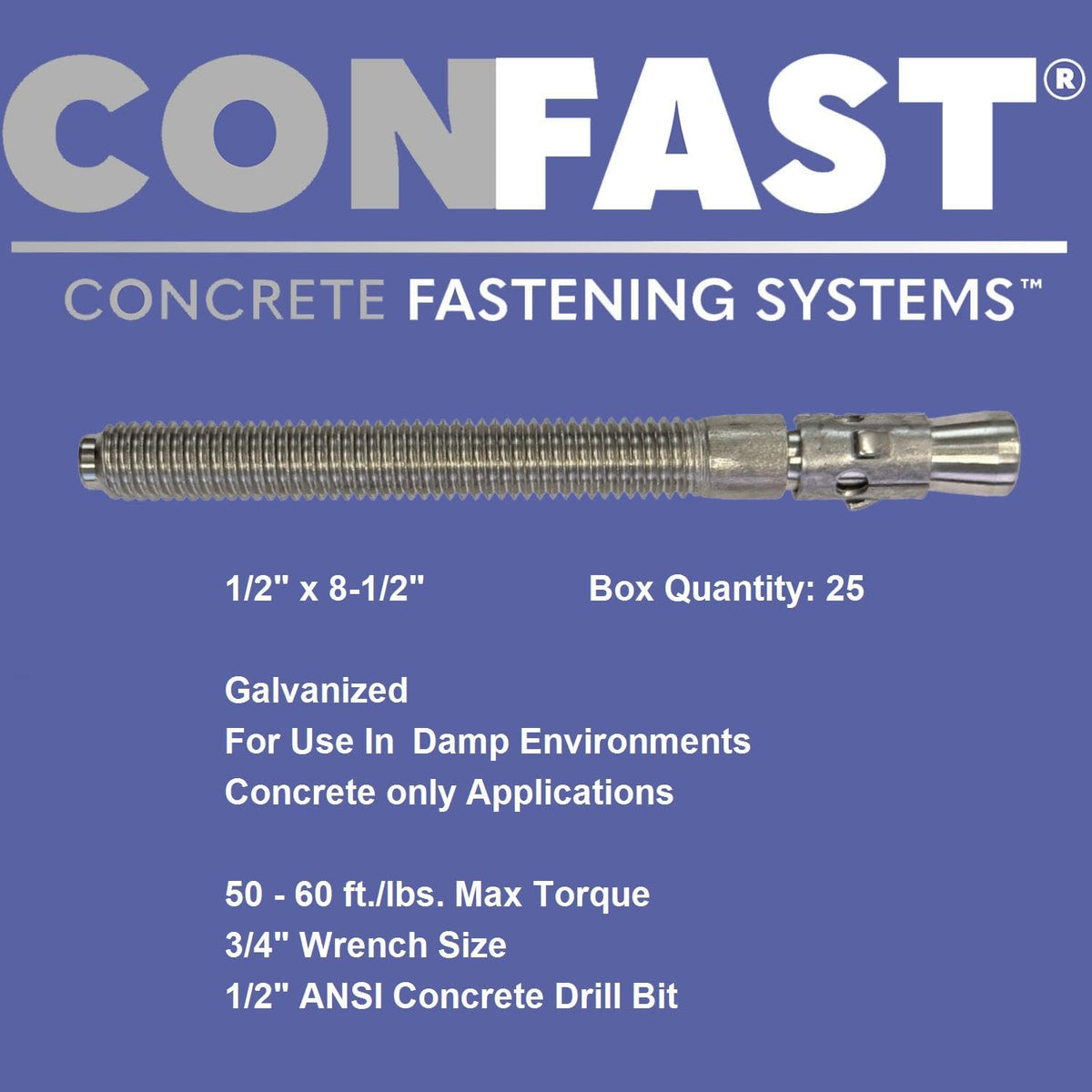 CONFAST 1/2' x 8-1/2' Galvanized Wedge Anchor (Box of 25)