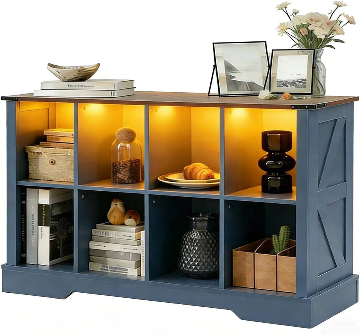 8 Cube Storage Organizer, 2 Tier Book Shelf with Led Lights, Farmhouse Book Shelves for Living Room, Horizontal Toy Storage Bookshelf, Wood Display Bookcase Cabinet for Bedroom, Office, Blue