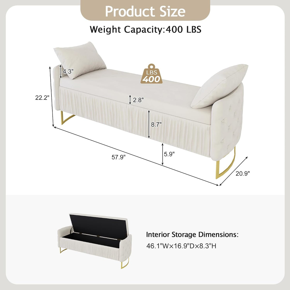 2 Pcs Bedroom Sets King Size Ruched and Button Tufted Velvet Upholstered Bed e with Storage Ottoman Bench, White