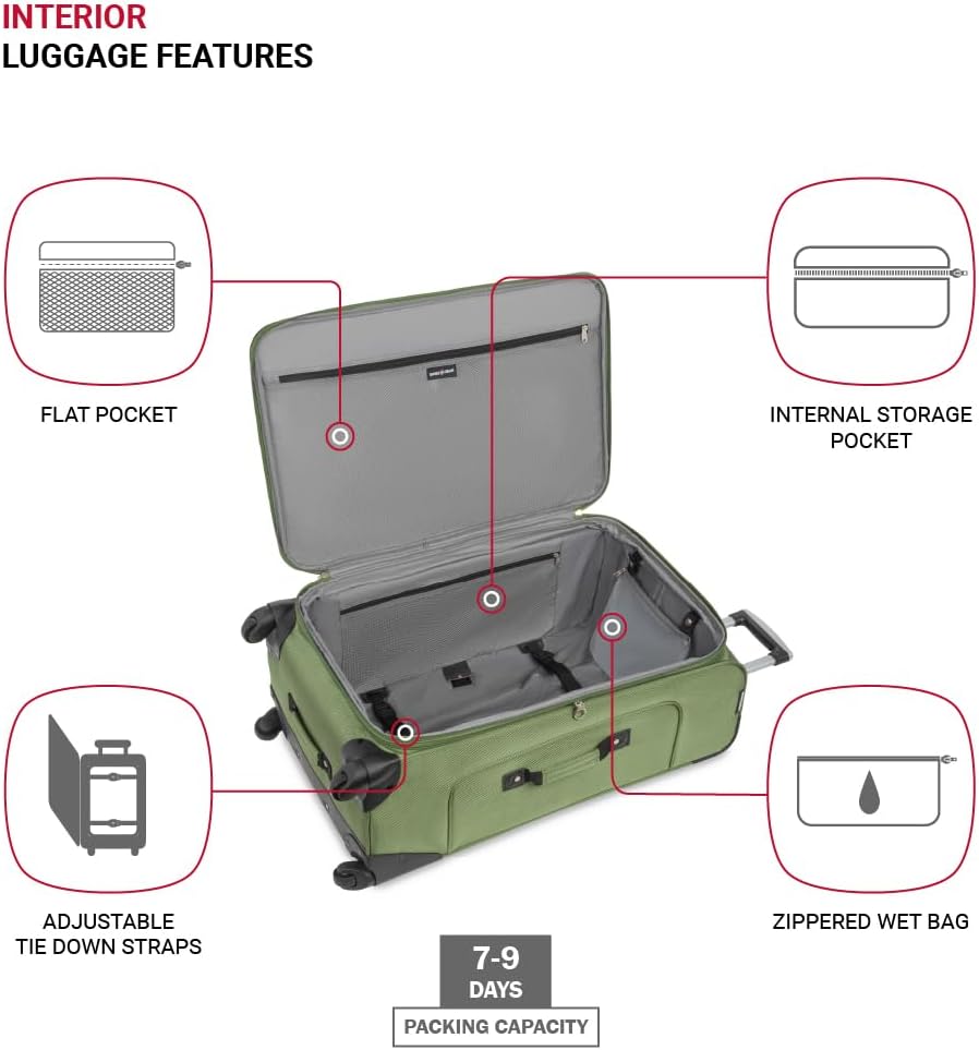 SWISSGEAR Sion Softside Expandable Spinner Luggage Durable Lightweight Travel Suitcase, Evergreen, Checked-Large