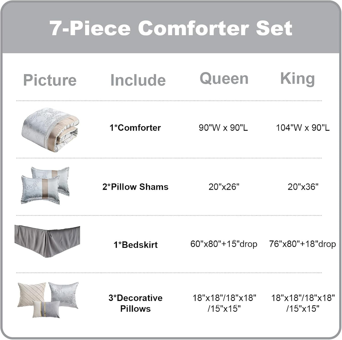 PANGUSHAN 7 Pieces Comforter Set King Size, Luxury Silky Elegant Jacquard Fluffy Reversible Bedding Set with Bed Skirt, Shams and Pillows, Bed in a Bag King, Down Alternative, Silver Gray