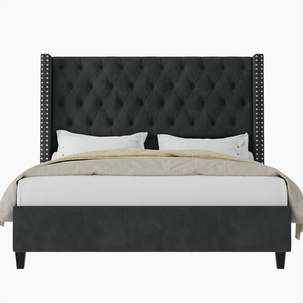 Jocisland Queen Size Bed Frame with 51.6' Wingback Tufted Velvet Headboard, Modern Upholstered Platform Bed, No Box Spring Needed, Easy Assembly, Black