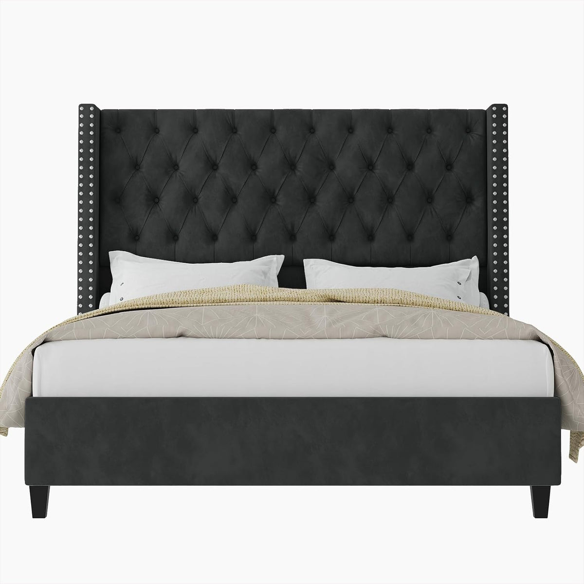 Jocisland Queen Size Bed Frame with 51.6' Wingback Tufted Velvet Headboard, Modern Upholstered Platform Bed, No Box Spring Needed, Easy Assembly, Black