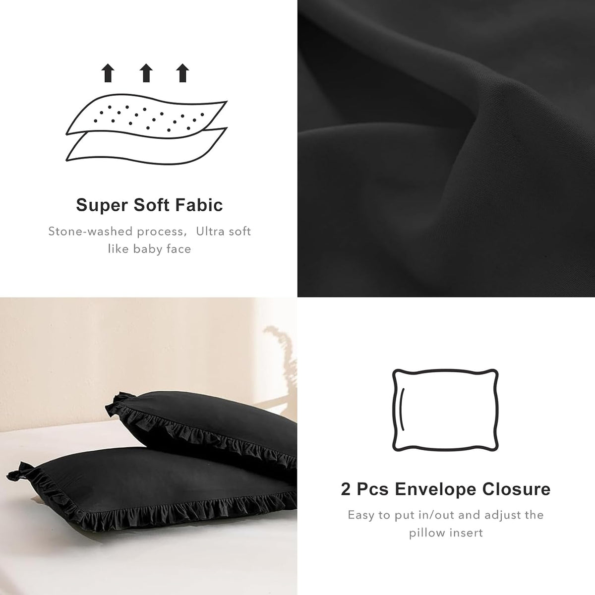 QSH 3PCs Black Ruffled Oversized King Comforter 120x120,Farmhouse Shabby French Country Chic Ruffle Bed Comforter Set Boho Lightweight Ultra Soft Microfiber California King Comforter with Pillowcases