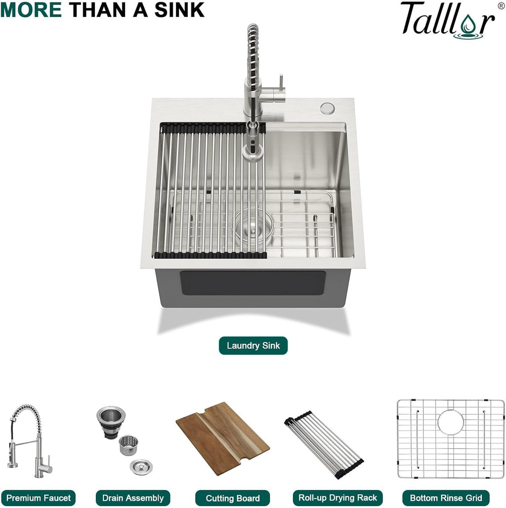 21x20 Drop In Laundry Sink with Faucet, 12' Deep 16 Gauge T-304 Stainless Steel Workstation Single Bowl Utility Sink for Laundry, Garage & Outdoor with All-In One Accessories #TL-FDOE00085