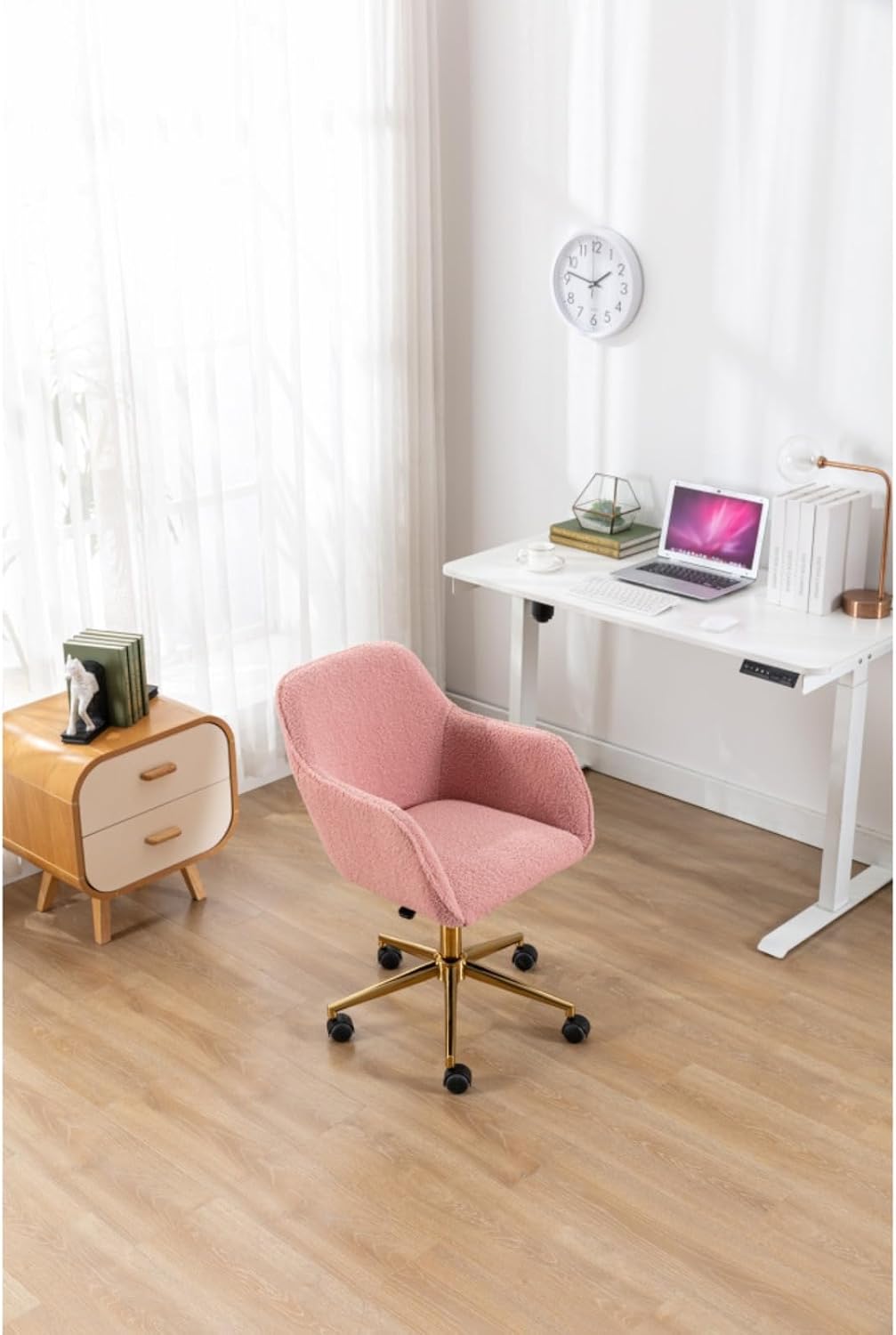 Hassyee Modern Teddy Fabric Material Adjustable Height 360 Revolving Home Office Chair with Gold Metal Legs and Universal Wheel for Indoor (Pink)