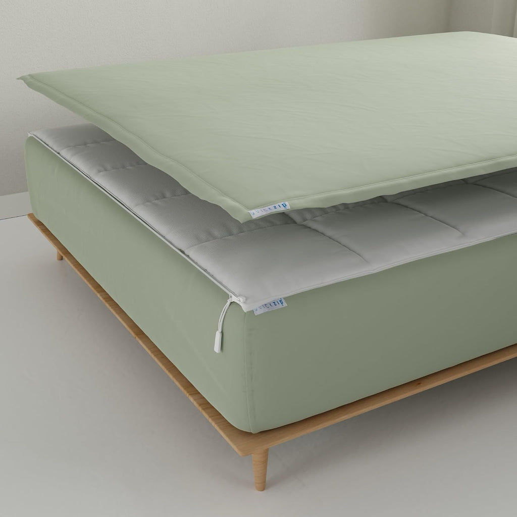 QuickZip Fitted Plus Spare Bundle: 1 Fitted Sheet (Base + Zip Sheet) & 1 Zip Sheet - Easy to Change, Won't Pop Off - Soft Percale 400 TC 100% Cotton - 13.5' Deep Pockets RV Queen Size – Moss Green
