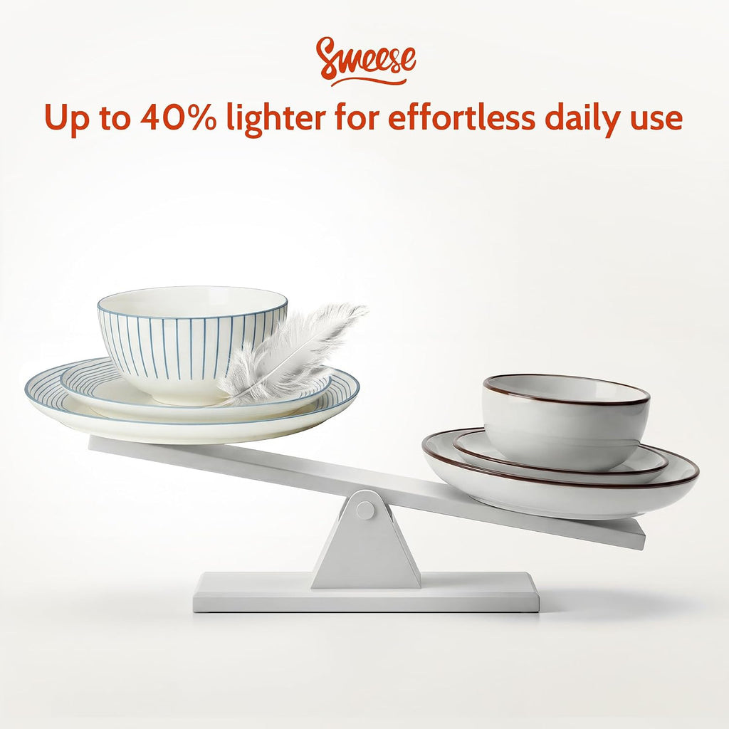 Sweese Lightweight Dinnerware Sets, Plates and Bowls Set for 6, 18 Pieces Stripe Dishes - Chip and Scratch Resistant, Microwave and Dishwasher Safe Porcelain Dinner Sets, Blue