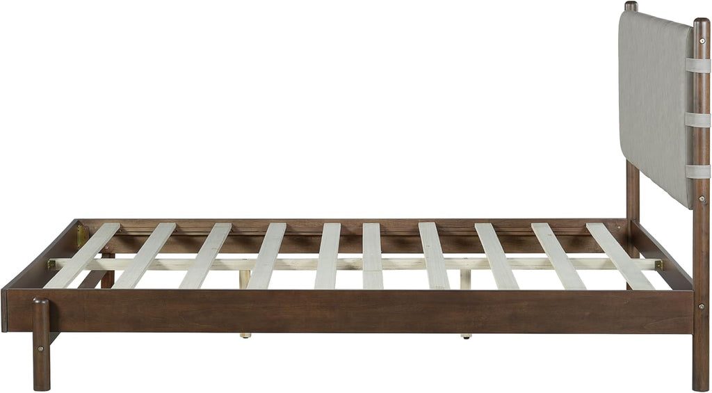 Queen Bedroom Set, Queen Size Platform Bed Frame with 2 Bedside Tables and Headboard Included, Mid Century Modern Wood Bed Frames, Slat Support (Light Gray + Walnut, Queen)