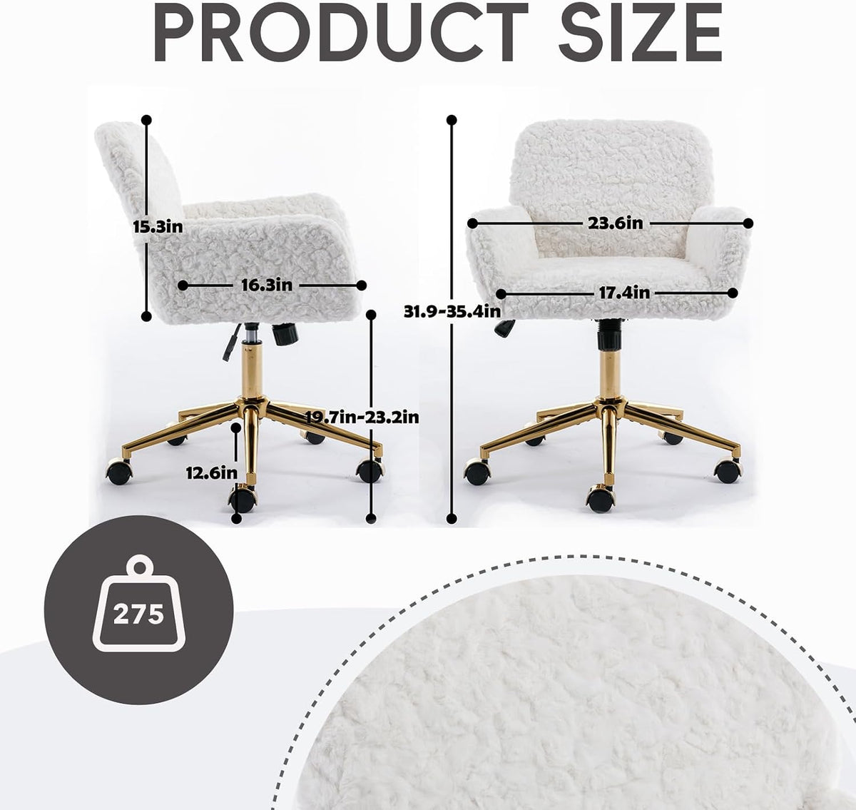 Plush Faux Fur Desk & Vanity Chair with Gold Base – Comfy Adjustable Girls Desk Chair, Makeup Chair, 360° Swivel, Tilt Backrest, Rolling Wheels – Modern Chic Home Office Seating,White