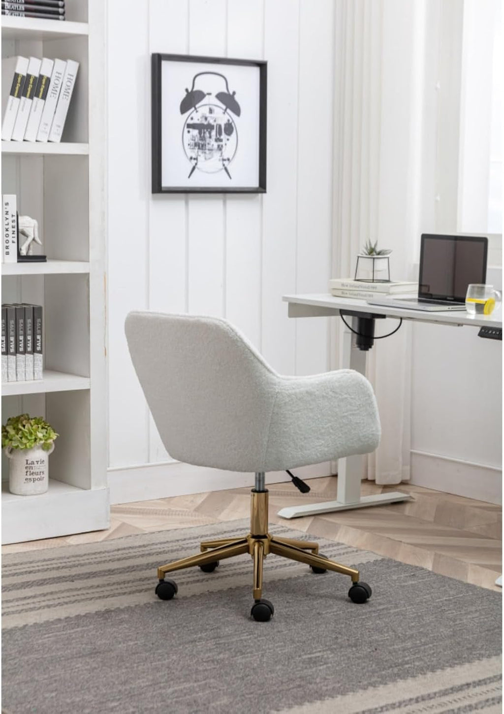 Hassyee Modern Teddy Fabric Material Adjustable Height 360 Revolving Home Office Chair with Gold Metal Legs and Universal Wheel for Indoor (White)