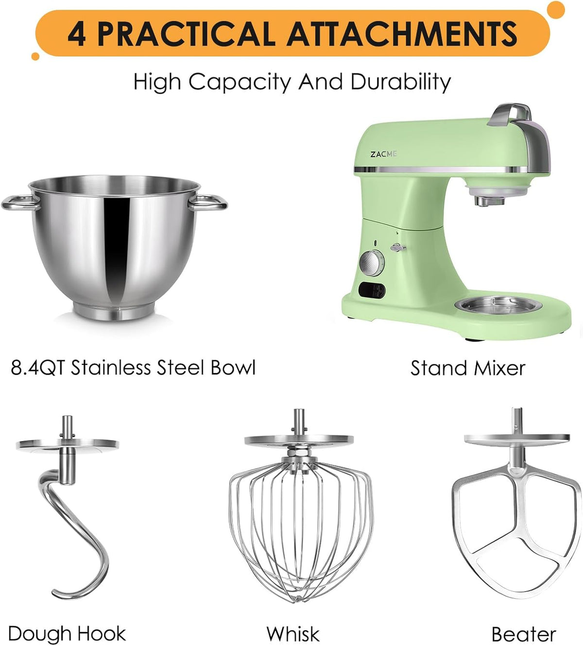 ZACME 8.4QT Commercial Stand Mixer 800W with Aluminum Die Casting Meets the Standard of NSF/ANSI 8-2023, Mixers Kitchen Electric Stand Mixer with Stainless Steel 8L Bowl, Dough Hook, Whisk and Beater