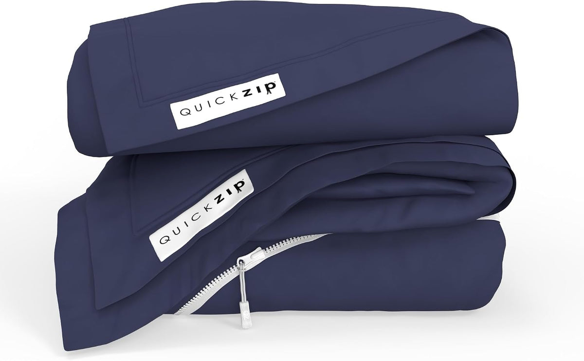 QuickZip Fitted Plus Spare Bundle: 1 Fitted Sheet (Base + Zip Sheet) & 1 Zip Sheet - Easy to Change, Won't Pop Off - Soft Percale 400 TC 100% Cotton - 13.5' Deep Pockets RV Queen Size – Deep Navy