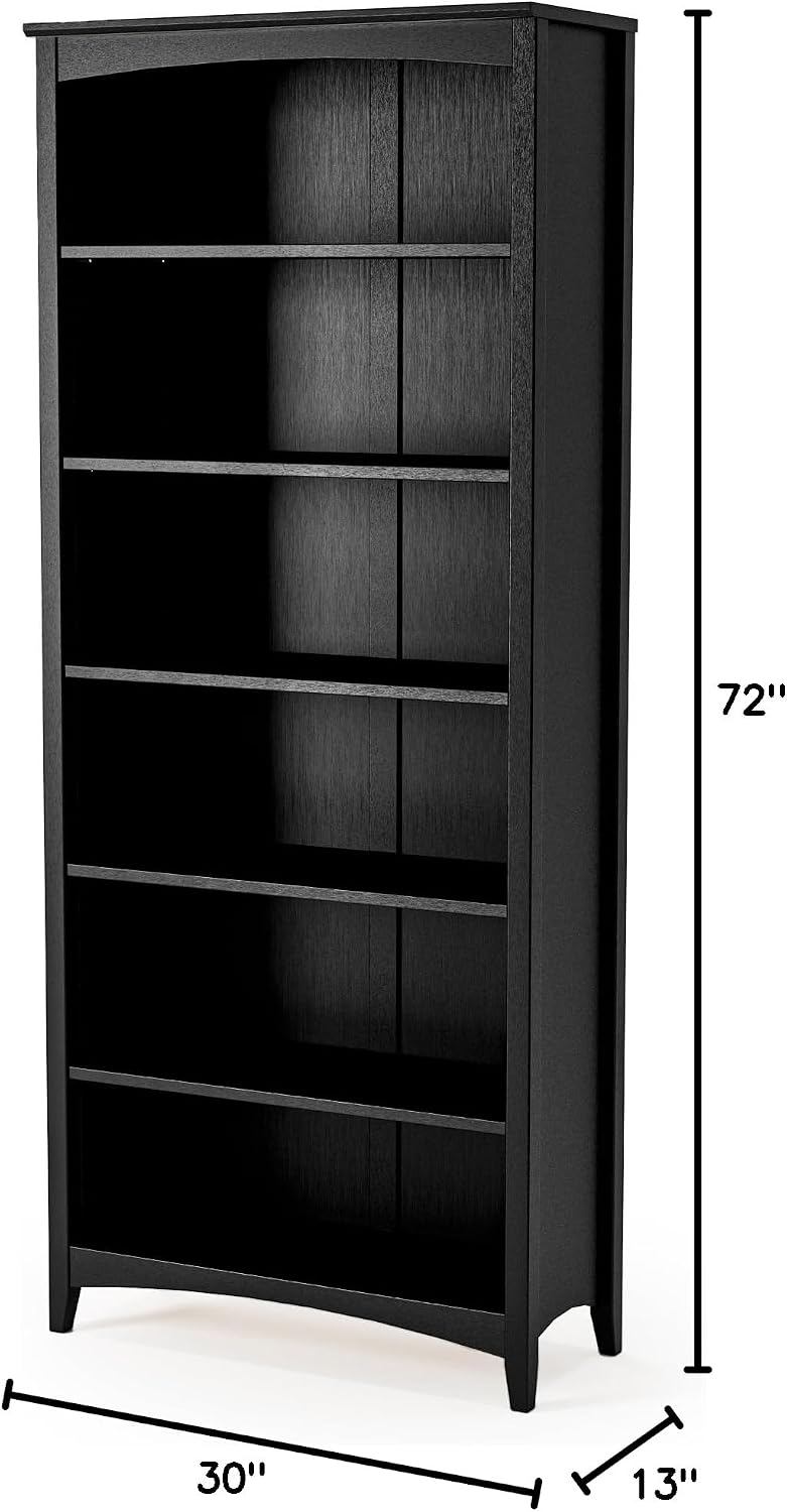 Camaflexi Shaker Style 6 Shelf Bookcase/Solid Wood / 72 inch Tall/Adjustable Shelving/Closed Back/Display Bookshelf for Living Room, Bedroom, Home and Office, Black