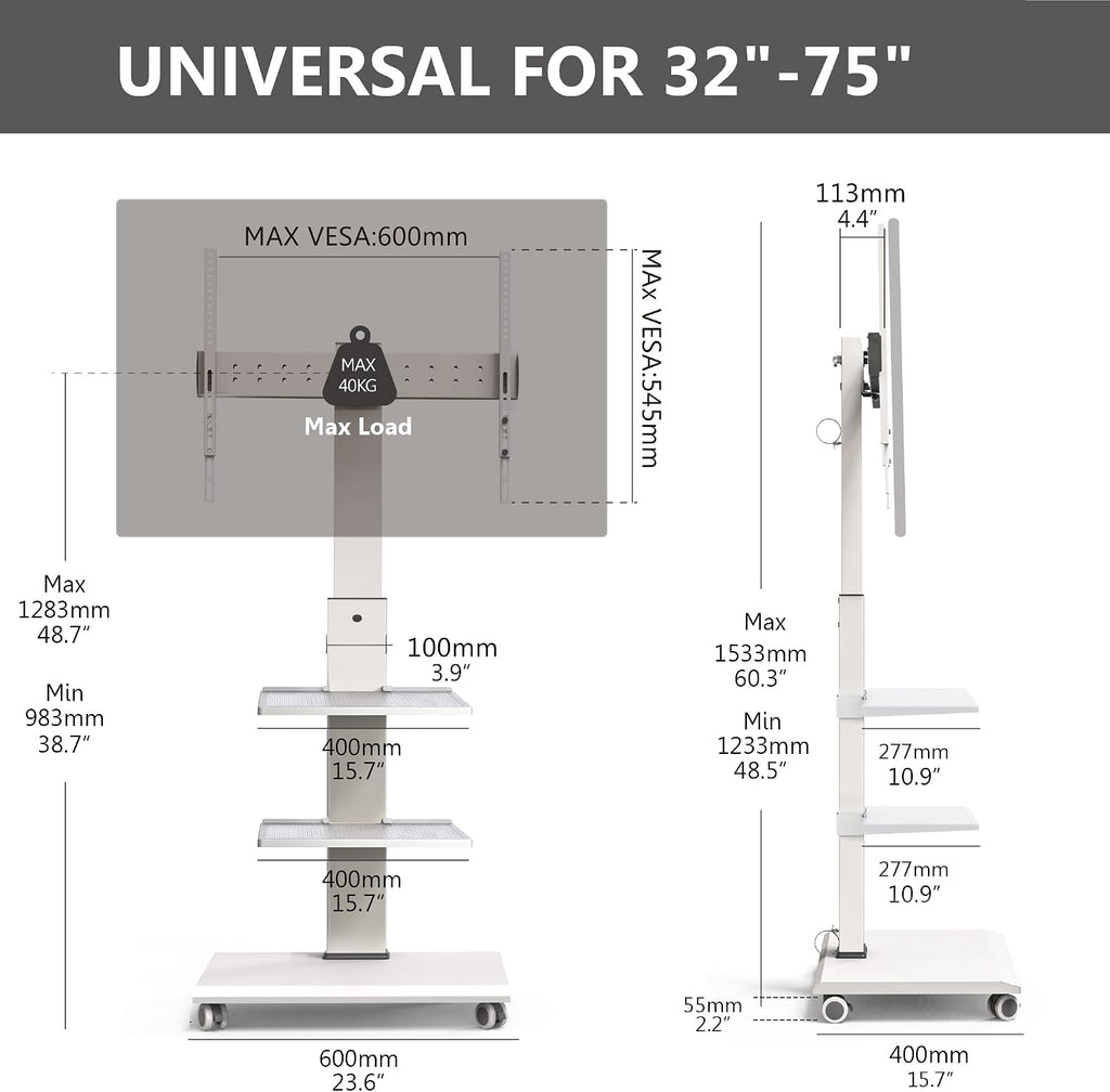 FITUEYES Rolling TV Stand for 32-75 Inch TVs - Height Adjustable Portable TV Stand on Wheels, 20 Degree Left/Right Swivel and 90 Degree Vertical and Horizontal Rotation up to 88lbs