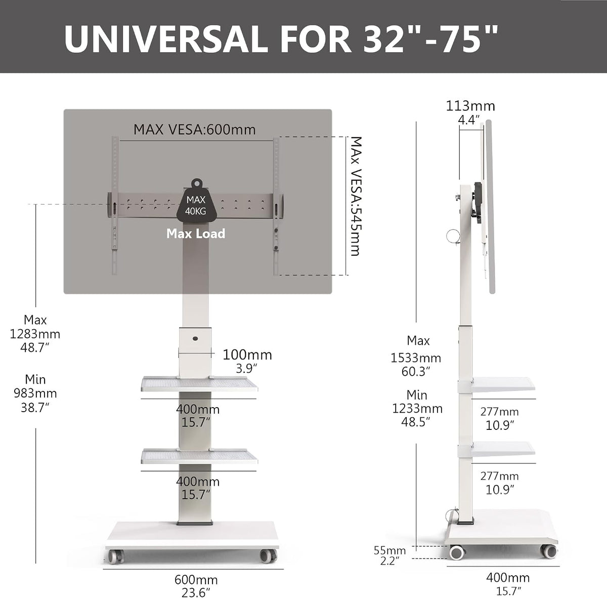 FITUEYES Rolling TV Stand for 32-75 Inch TVs - Height Adjustable Portable TV Stand on Wheels, 20 Degree Left/Right Swivel and 90 Degree Vertical and Horizontal Rotation up to 88lbs