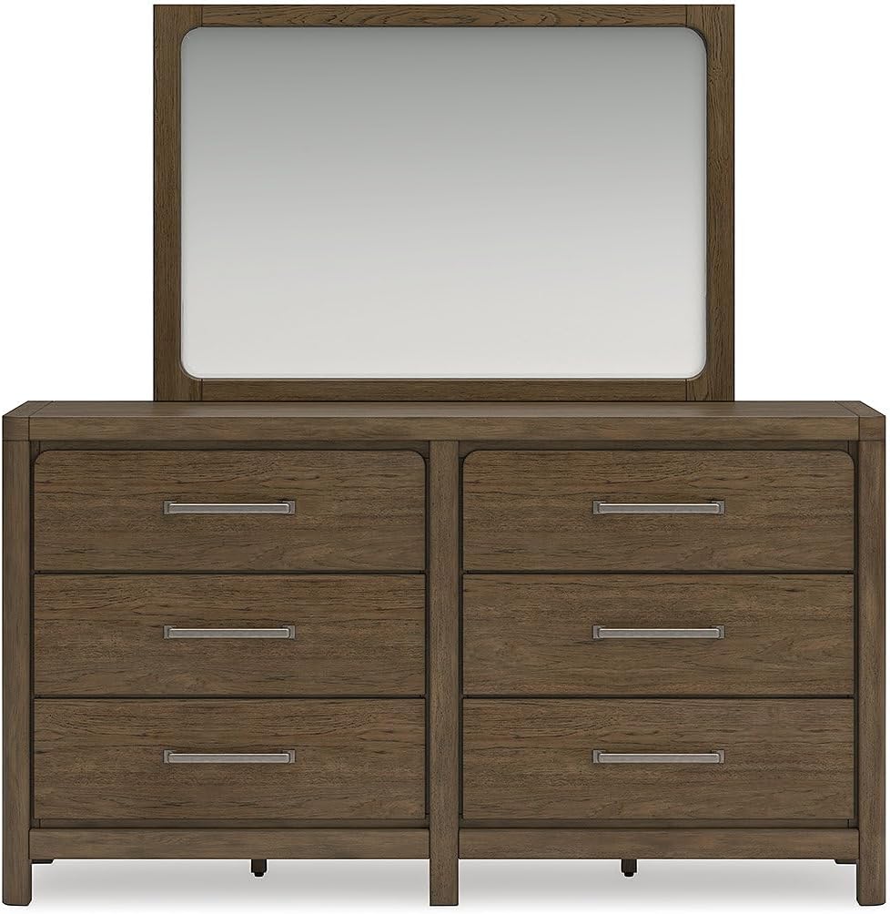 Signature Design by Ashley Cabalynn Modern 6-Drawer Dresser and Mirror with Safety Stop and Felt-Lined Top Drawer, Dark Brown