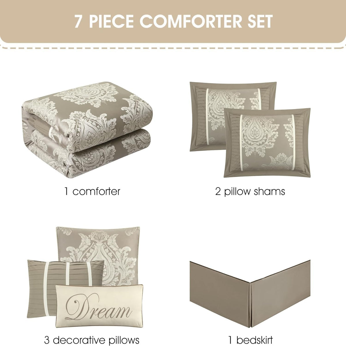 Grand Avenue Beige Comforter Set King Size, Jacquard with Matching Solid Piecework Bedding Set, All Season, Bedskirt, Pillows & Shams
