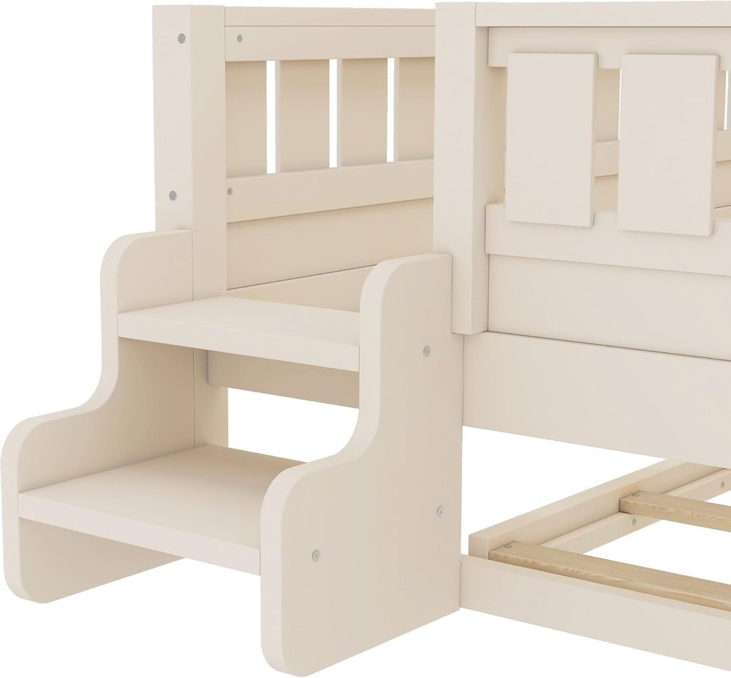 Bellemave Full Bed with Trundle and Stairs, Full Size Platform Bed Frame with Fence and Bookshelf, Easy Assemble Beds for Kids, Girls, Boys, Beige
