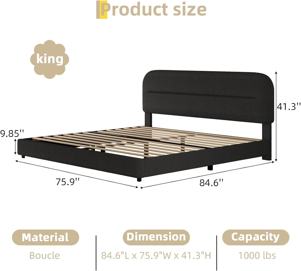 HOMBCK King Size Boucle Bed Frame, Upholstered Cloud Bed Frame with Headboard, Soft Platform Bed Frame with Thickened Footboard, Rounded Corners, No Box Spring Required, Easy Assembly, Black