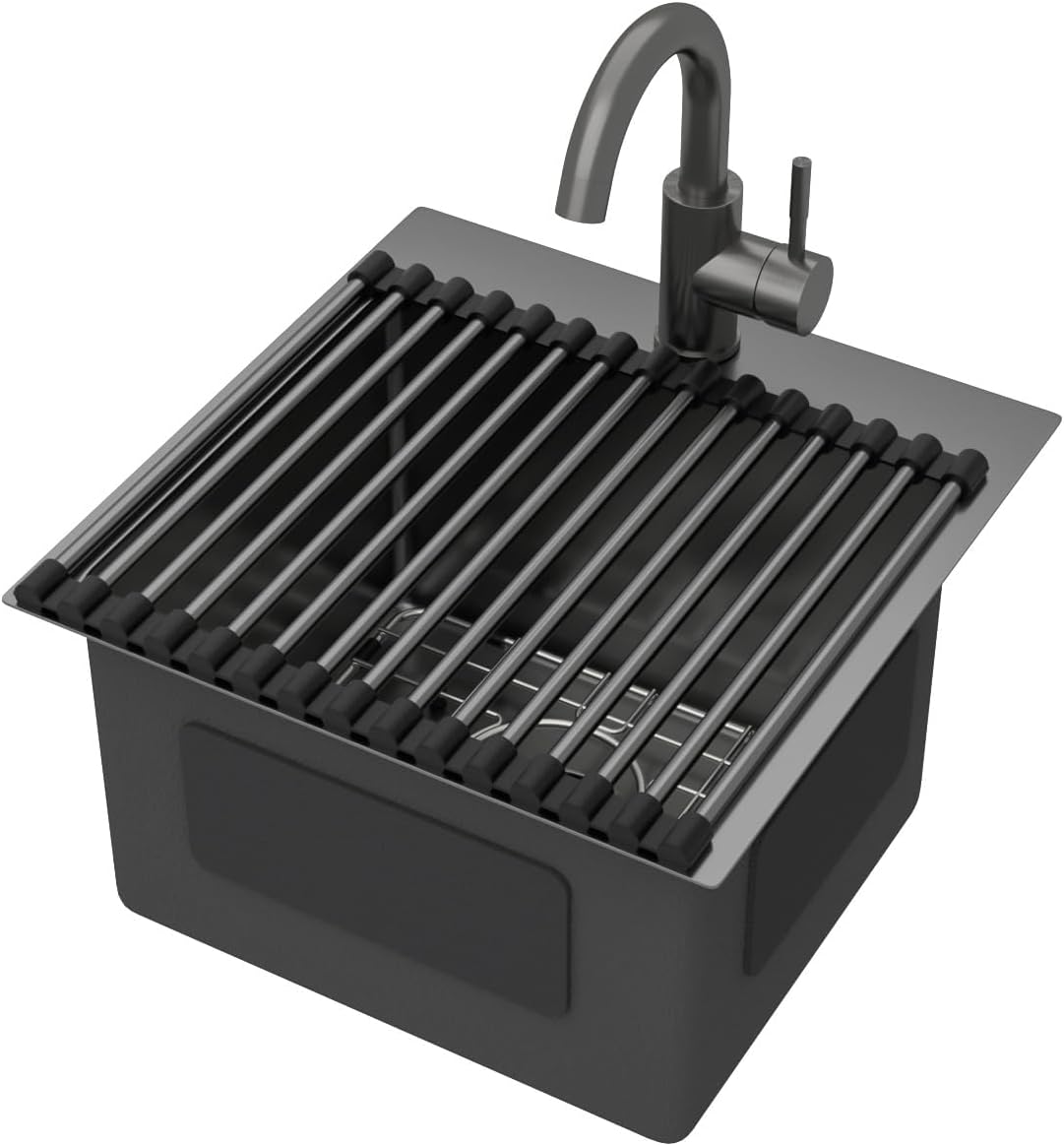 15x15 Inch Black Drop In Bar Sink with Faucet, 16 Gauge T-304 Stainless Steel Single Bowl Wet Prep Sink for Kitchen Bar, RV, Outdoor, and Boat, Gunmetal Black #TLT-0017