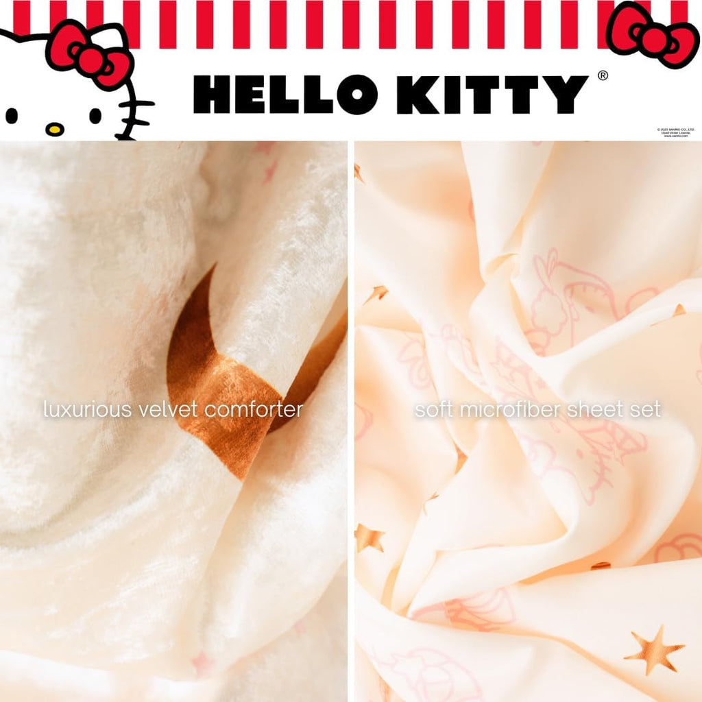 Lux Hello Kitty Velvet Bedding 7 Piece Super Soft Cozy Reversible Comforter and Sheet Set with Sham & Tote Bag, Queen, (Officially Licensed Product) by Franco